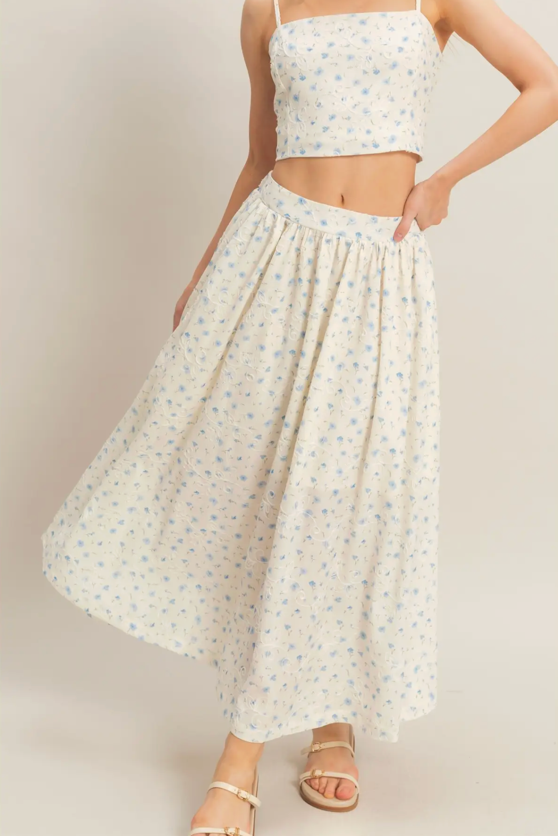 Off White and Blue Floral Embroidered Top and Bottom Maxi Set