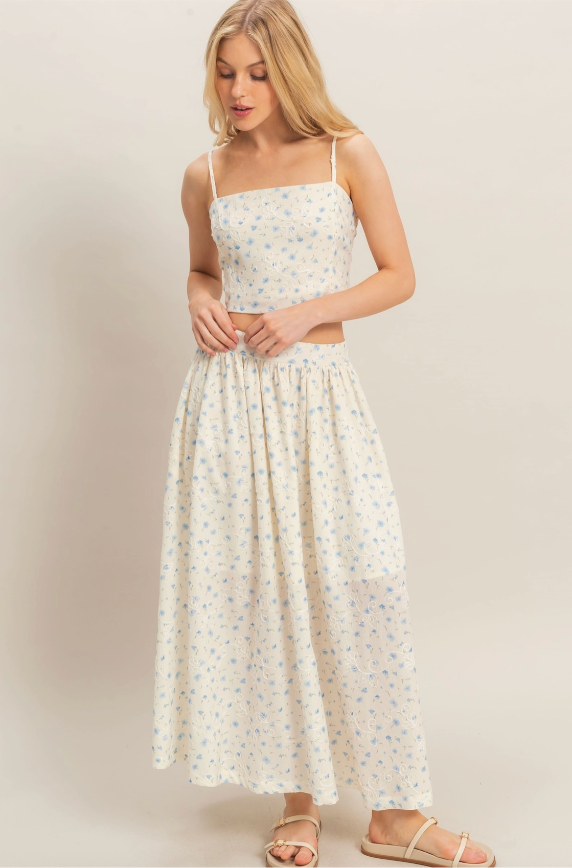 Off White and Blue Floral Embroidered Top and Bottom Maxi Set