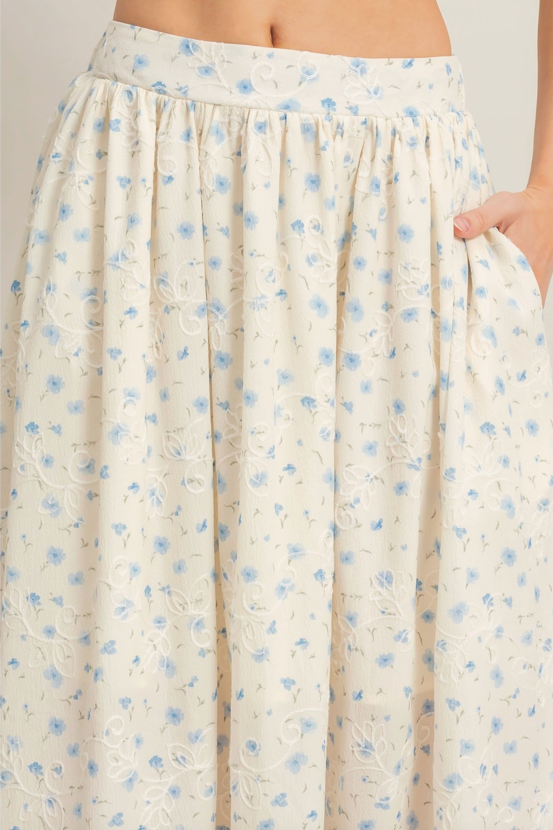 Off White and Blue Floral Embroidered Top and Bottom Maxi Set