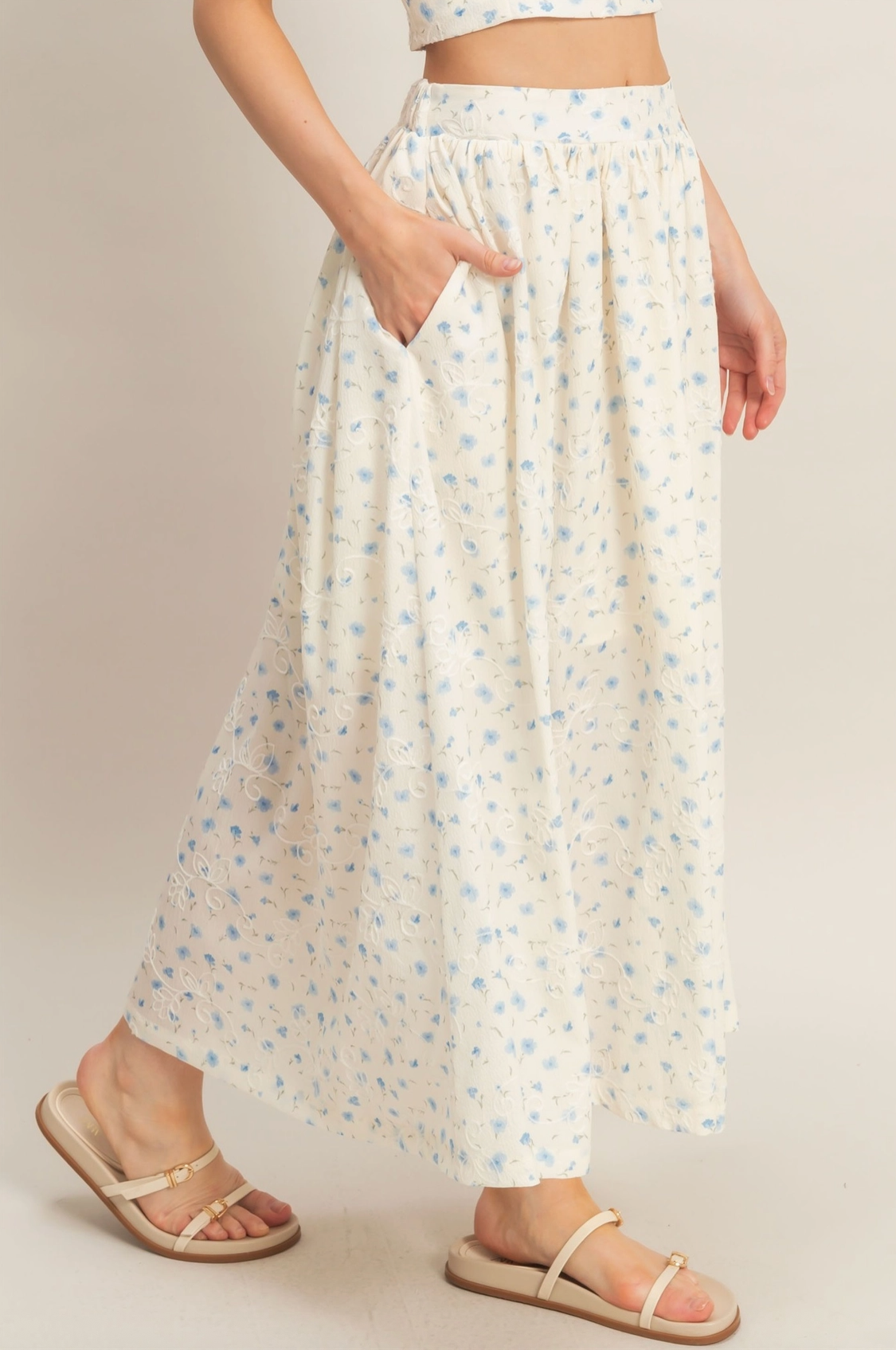 Off White and Blue Floral Embroidered Top and Bottom Maxi Set