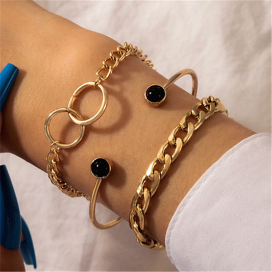 Three Piece Black and Fashion Gold Bracelet Set