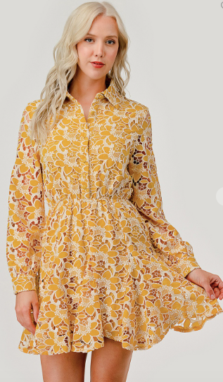 Baked Yellow Floral Pattern Eyelet Laced Mini Dress