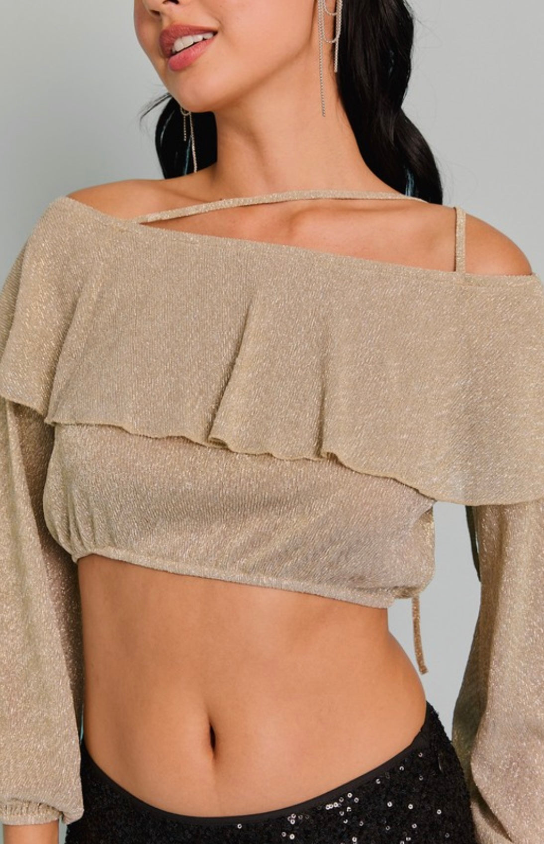 Gold Sheer Shimmer Long Sleeve Tie Neck Crop Top