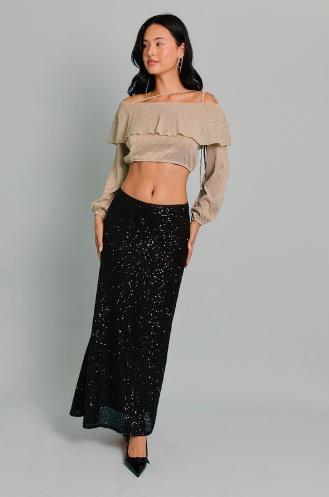 Gold Sheer Shimmer Long Sleeve Tie Neck Crop Top