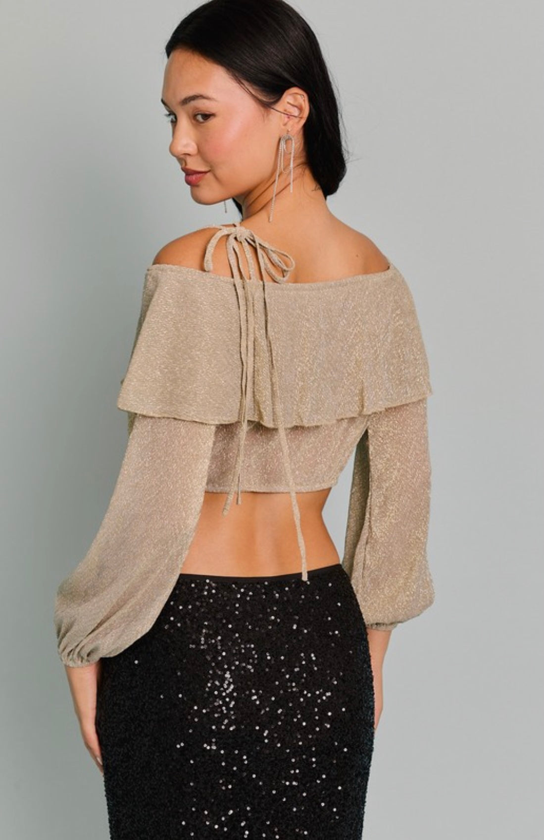 Gold Sheer Shimmer Long Sleeve Tie Neck Crop Top