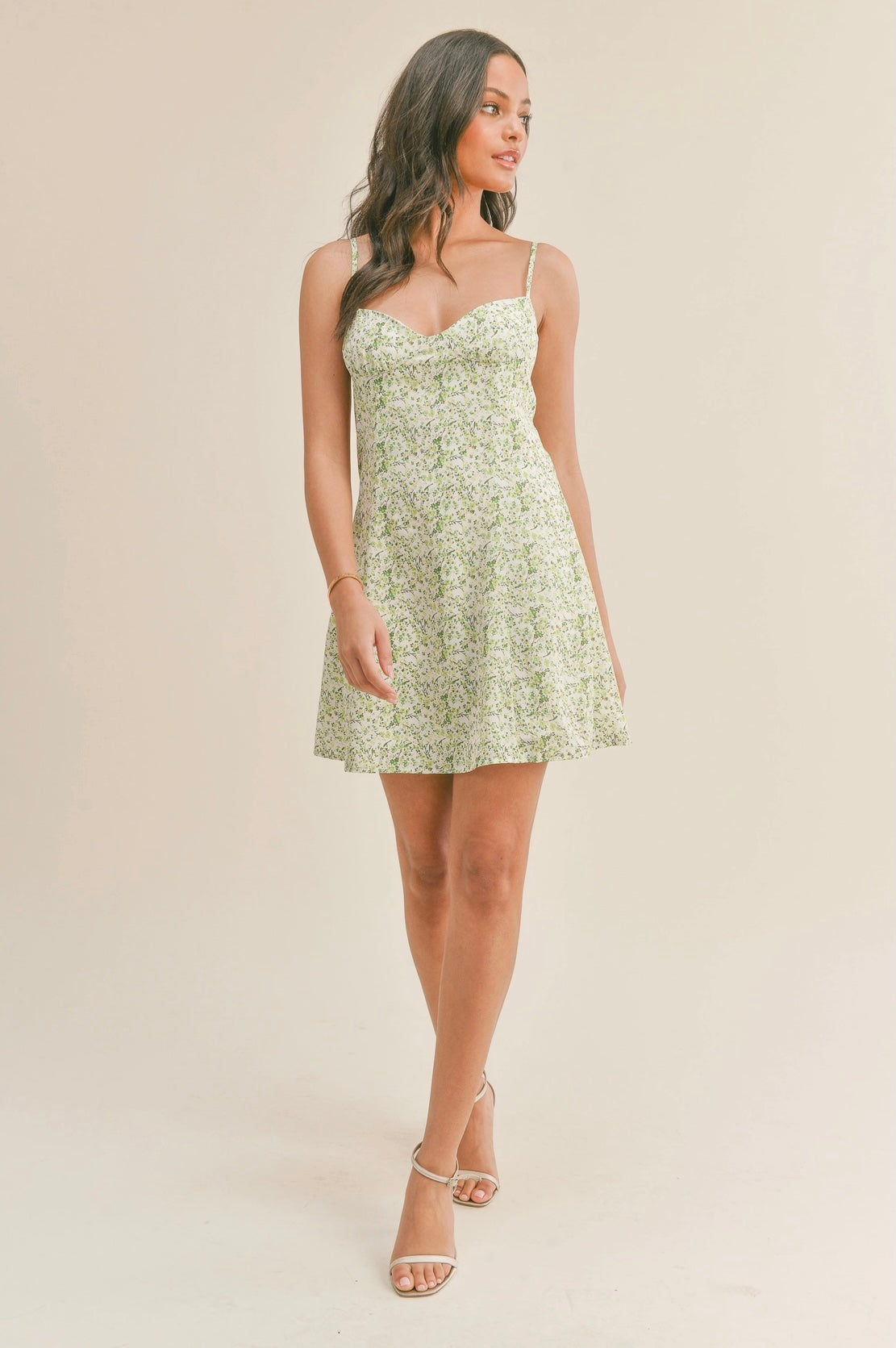Green Spaghetti Strap Floral Print Mini Dress
