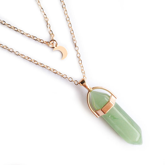 14" Double Chain Choker Necklace w/ Moon and Jade Color Stone