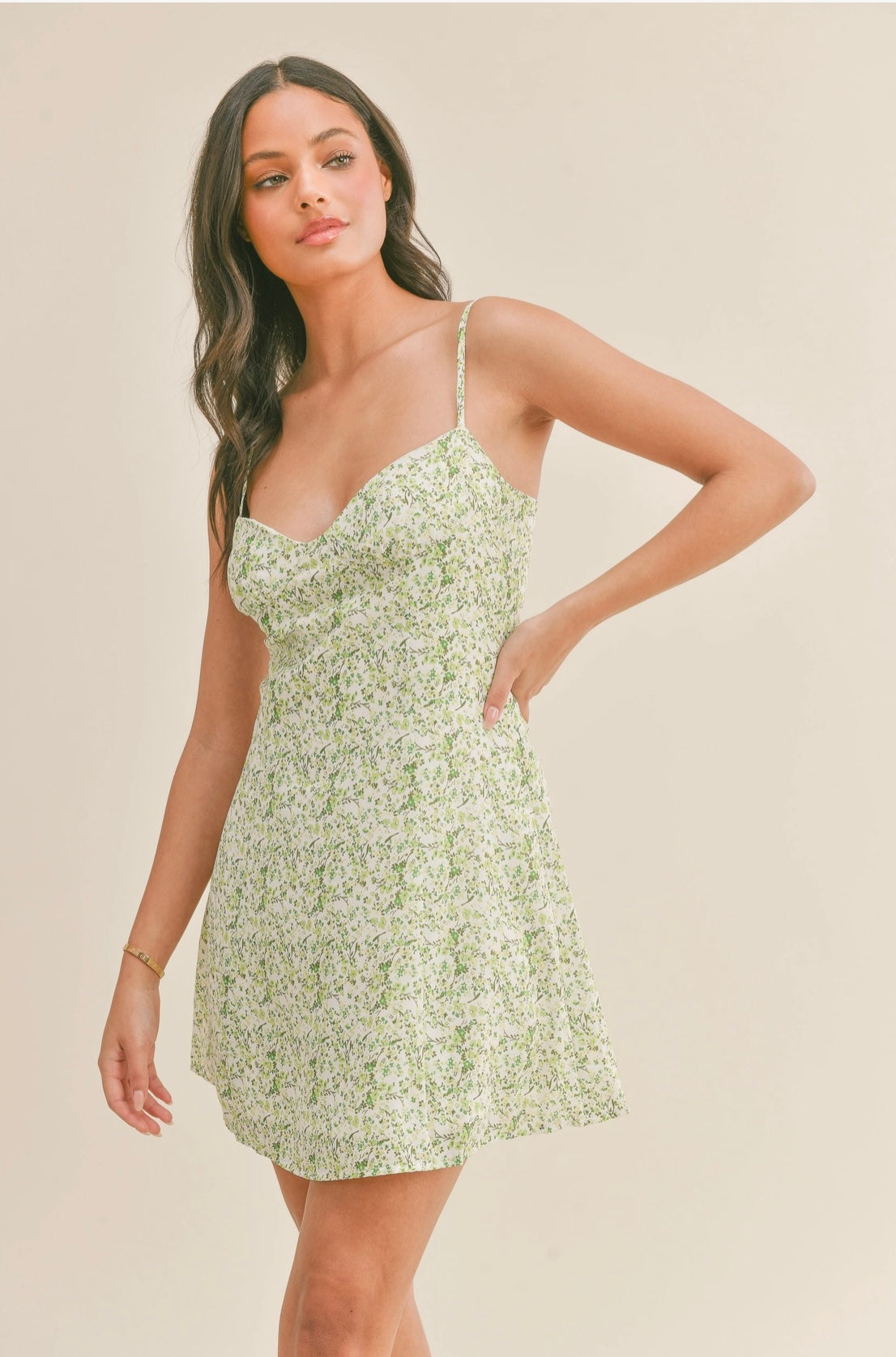 Green Spaghetti Strap Floral Print Mini Dress