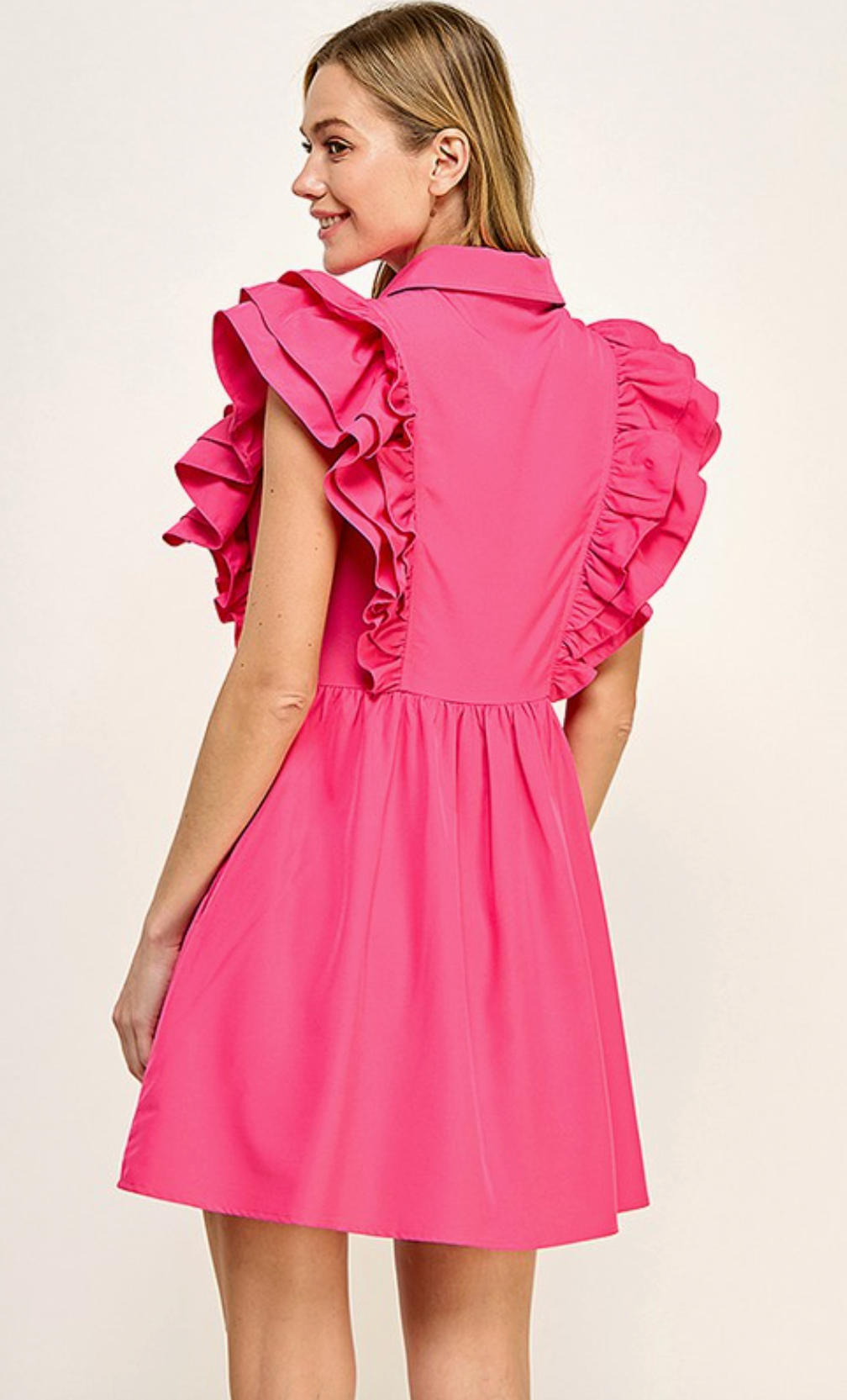 Hot Fuchsia Pink Collared Button Down Ruffle Sleeve Dress