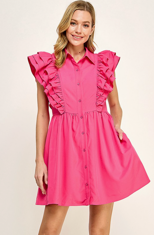 Hot Fuchsia Pink Collared Button Down Ruffle Sleeve Dress