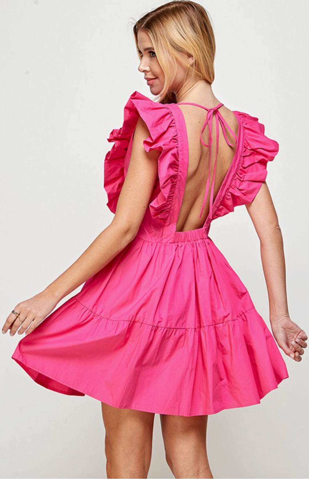 Hot Fuchsia Pink Deep V-Neck Ruffle Dress with Open Bow Tie Back