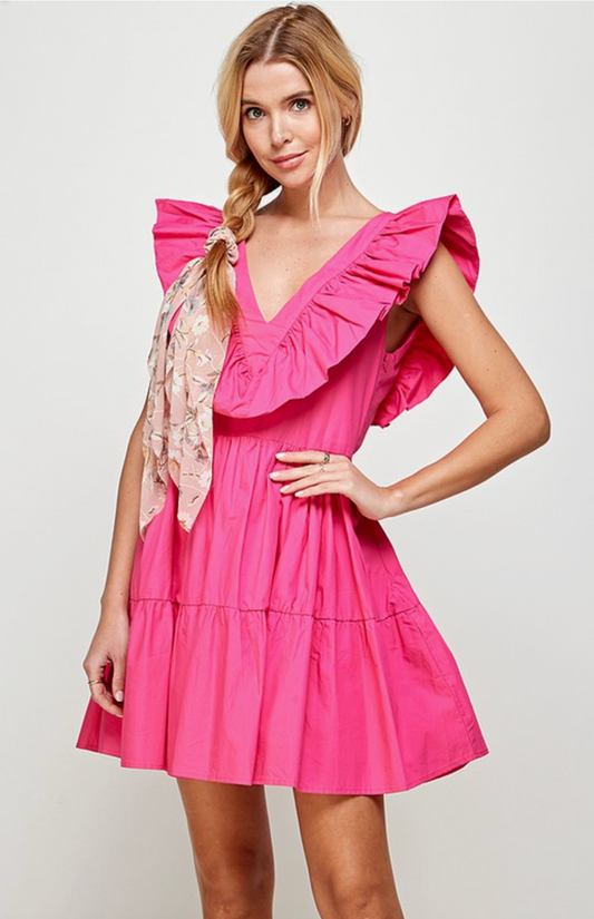 Hot Fuchsia Pink Deep V-Neck Ruffle Dress with Open Bow Tie Back