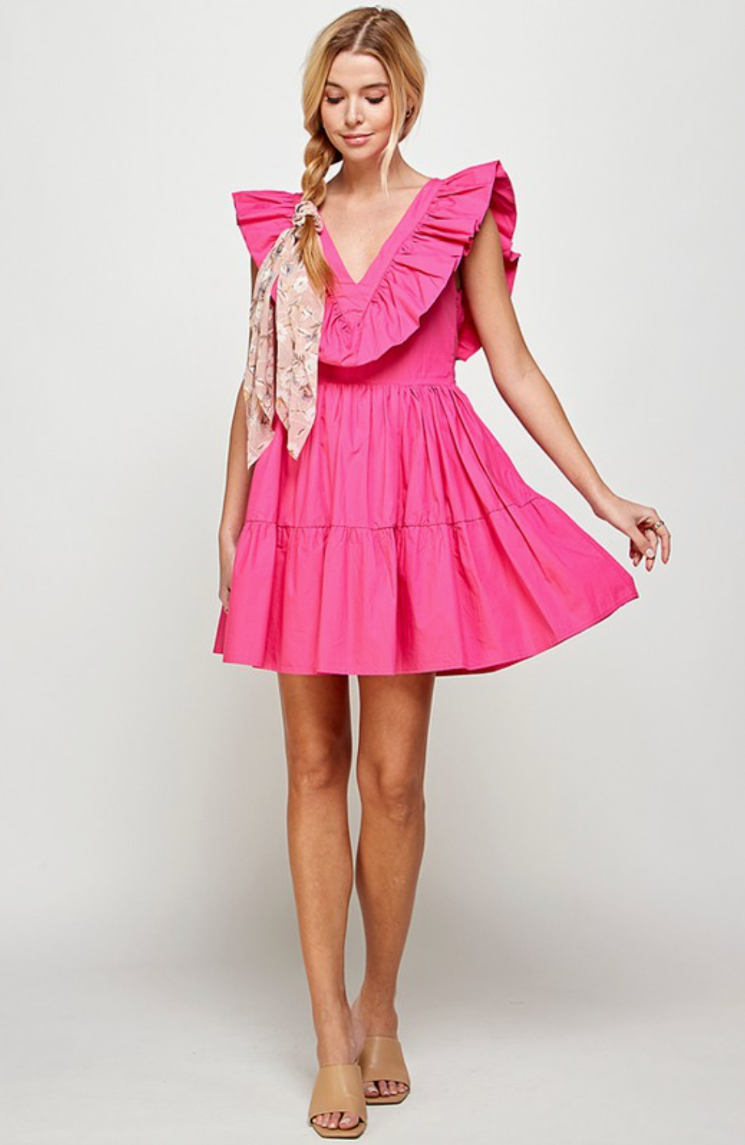 Hot Fuchsia Pink Deep V-Neck Ruffle Dress with Open Bow Tie Back