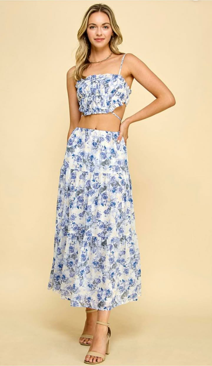 Blue and White Floral Ruffle Smocked Crop Top & Maxi Skirt Set