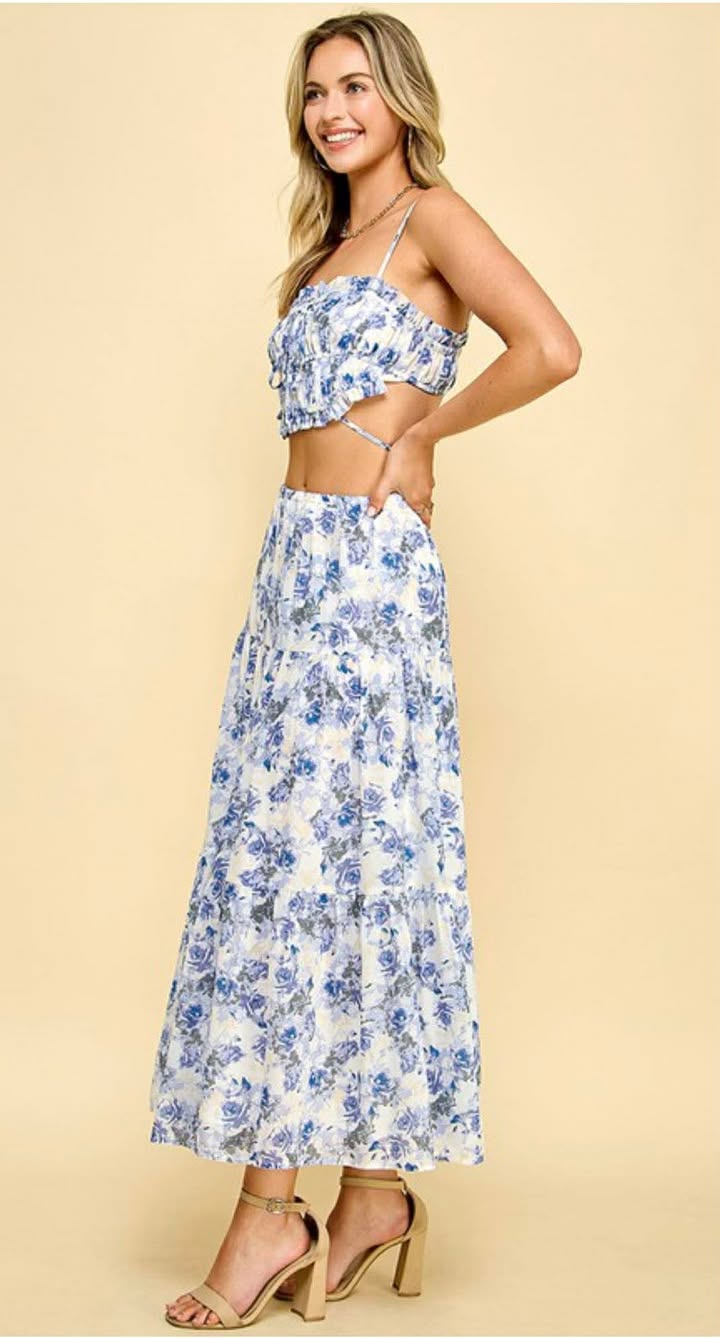 Blue and White Floral Ruffle Smocked Crop Top & Maxi Skirt Set