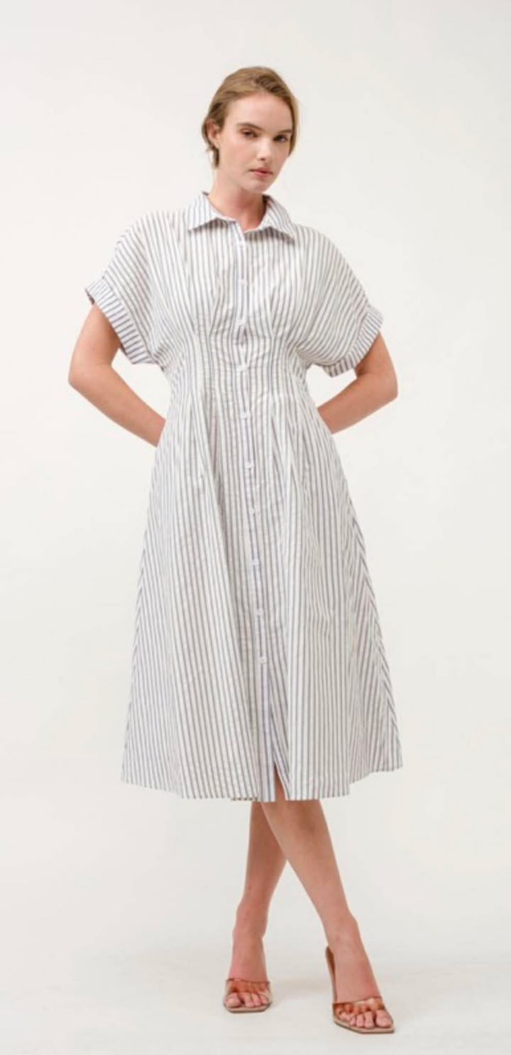 Blue Striped Button-down Midi Dress With Collared Neck