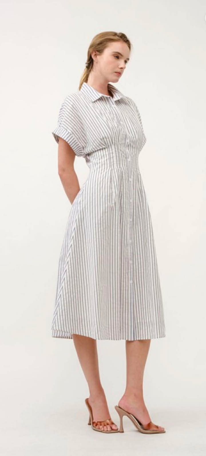 Blue Striped Button-down Midi Dress With Collared Neck