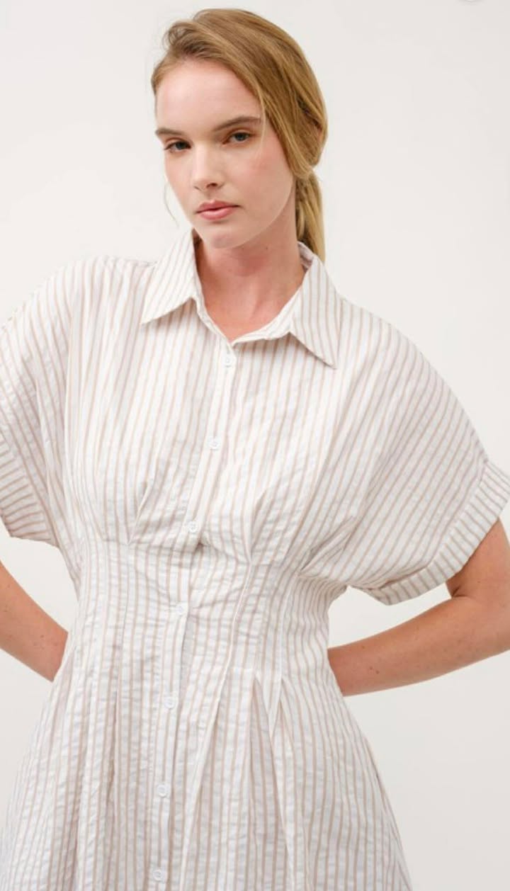 Taupe Striped Button-down Midi Dress With Collared Neck
