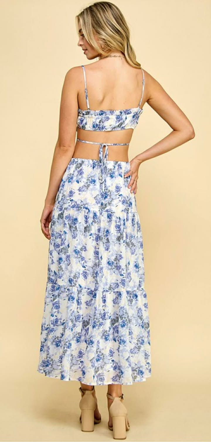 Blue and White Floral Ruffle Smocked Crop Top & Maxi Skirt Set