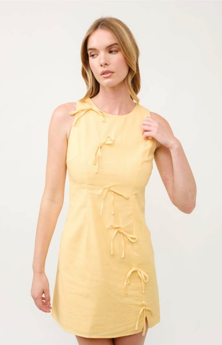 Yellow Sleeveless Linen Bow Accent Mini Dress