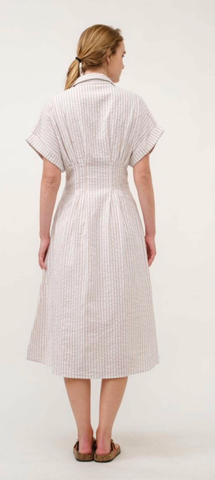 Taupe Striped Button-down Midi Dress With Collared Neck