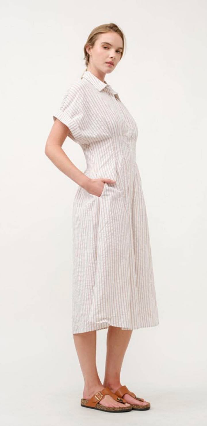 Taupe Striped Button-down Midi Dress With Collared Neck