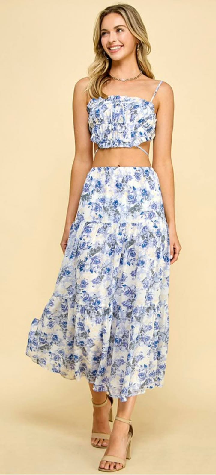 Blue and White Floral Ruffle Smocked Crop Top & Maxi Skirt Set