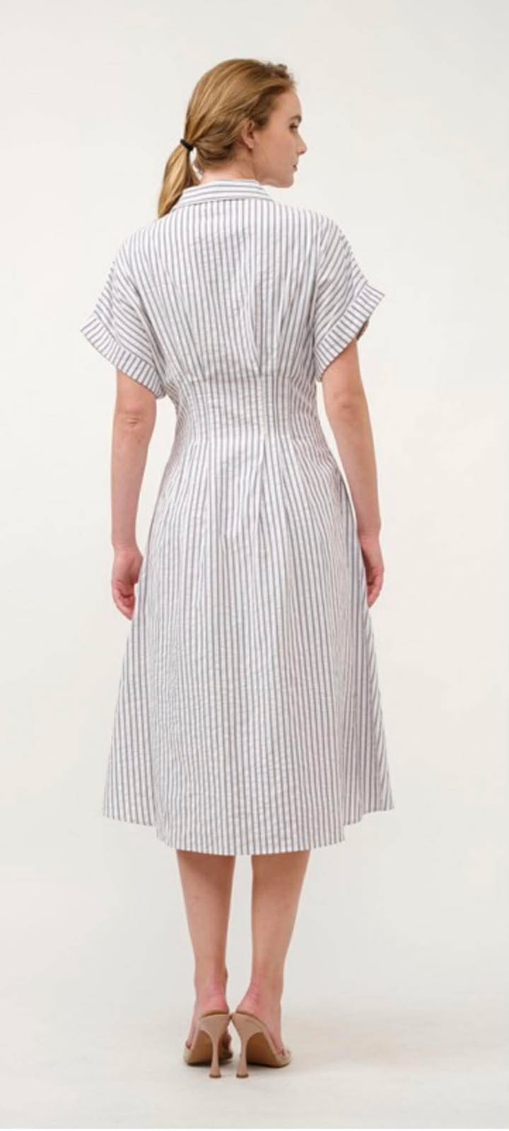 Blue Striped Button-down Midi Dress With Collared Neck