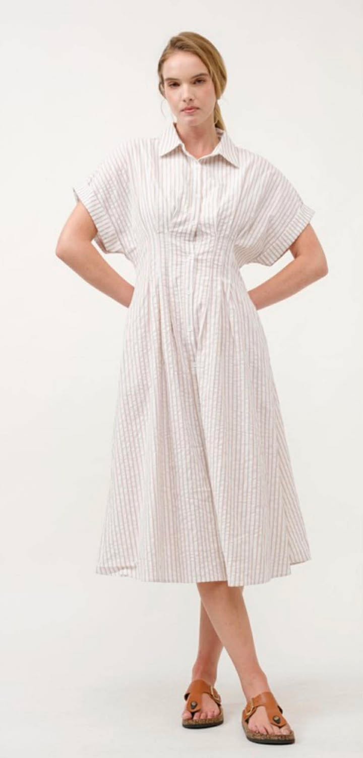 Taupe Striped Button-down Midi Dress With Collared Neck