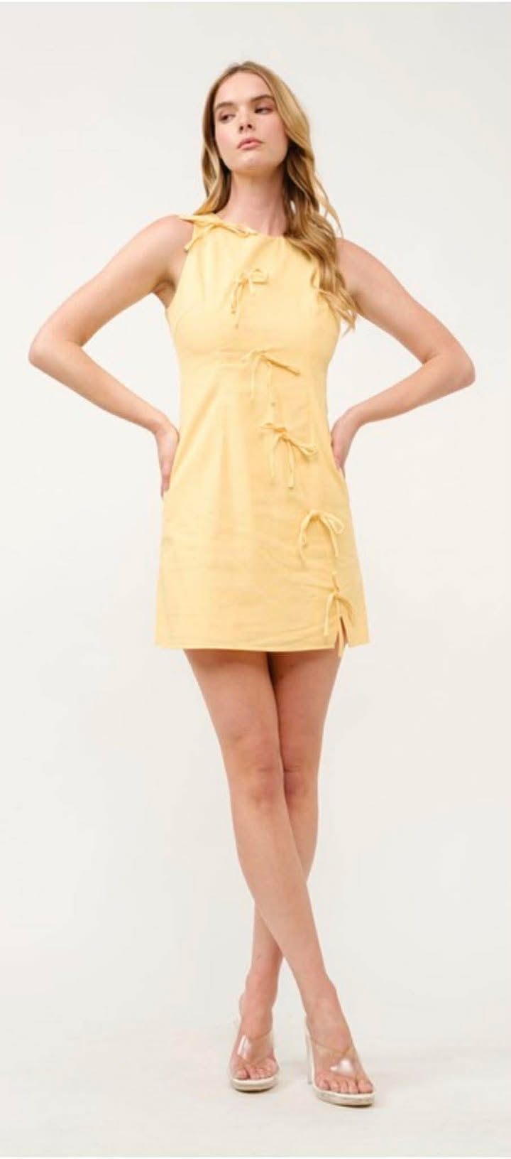 Yellow Sleeveless Linen Bow Accent Mini Dress