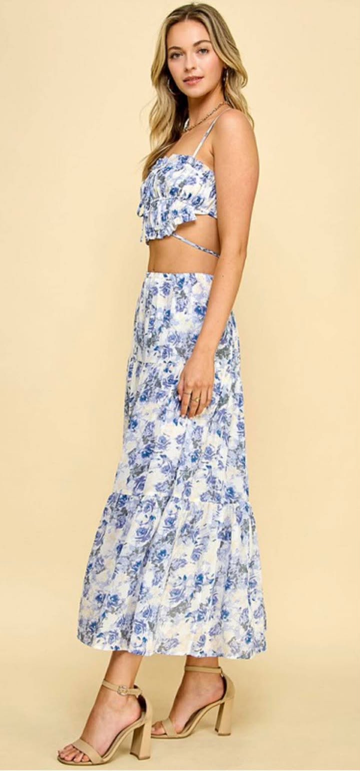 Blue and White Floral Ruffle Smocked Crop Top & Maxi Skirt Set