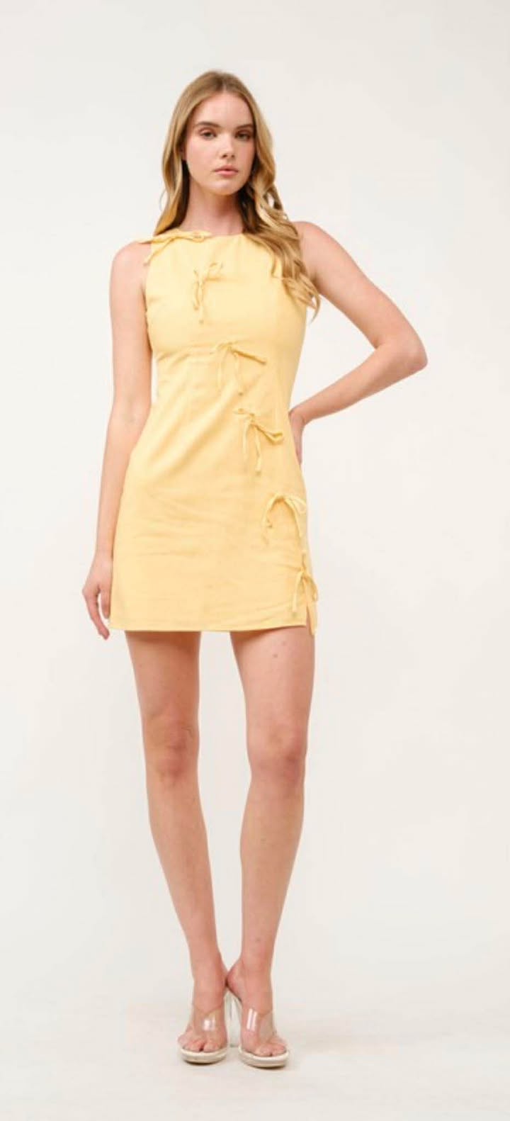 Yellow Sleeveless Linen Bow Accent Mini Dress