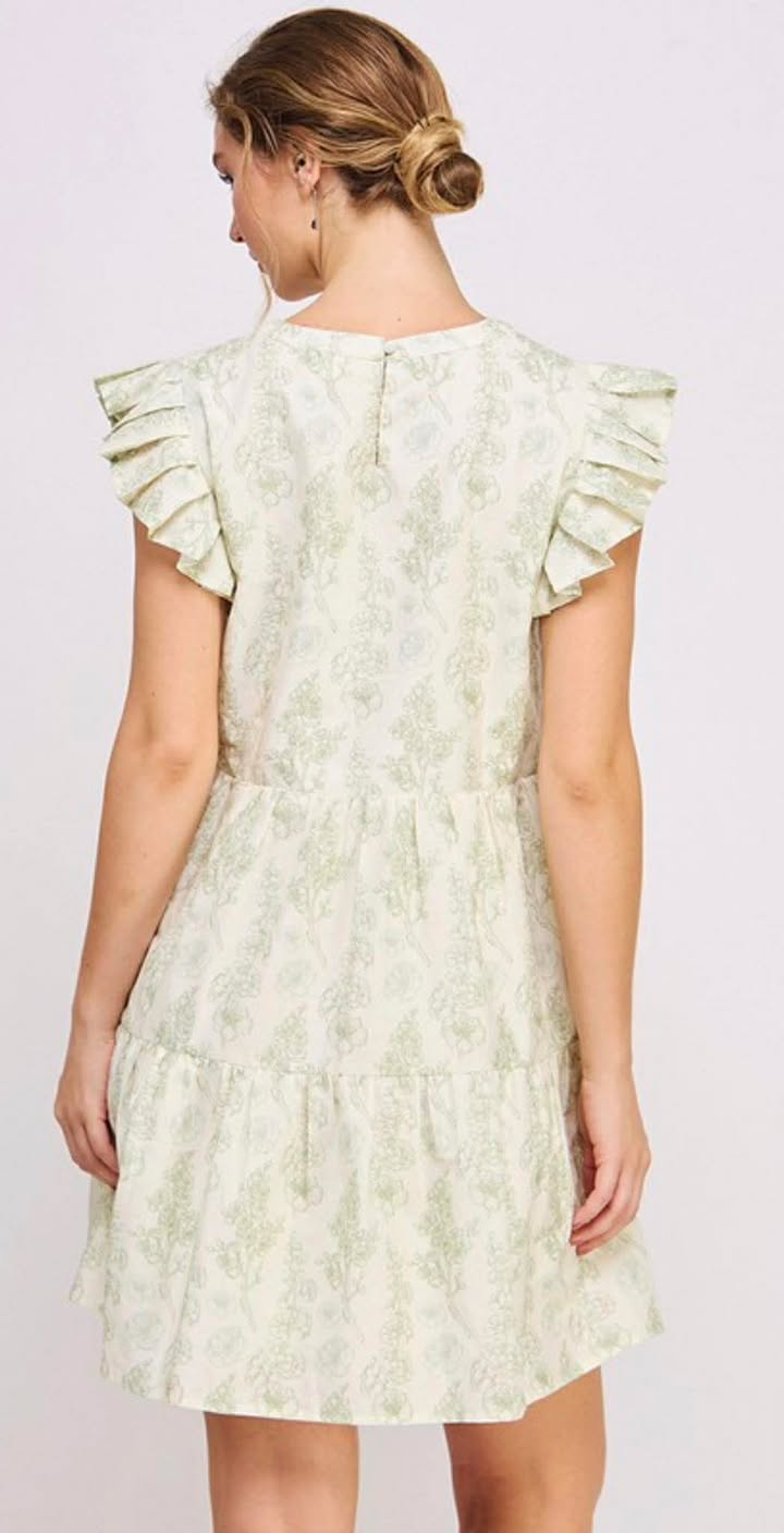 Green Ruffle Sleeve Floral Mini Dress with Pockets