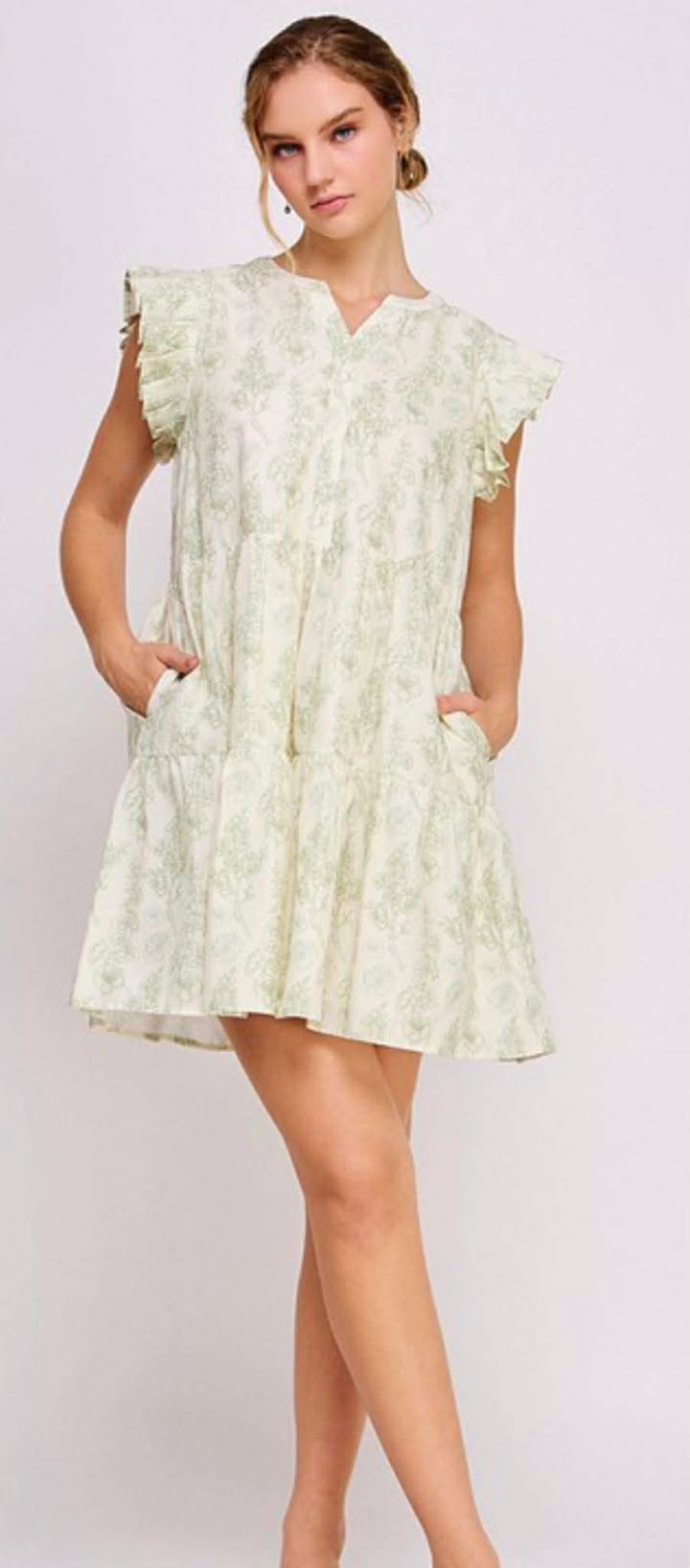 Green Ruffle Sleeve Floral Mini Dress with Pockets
