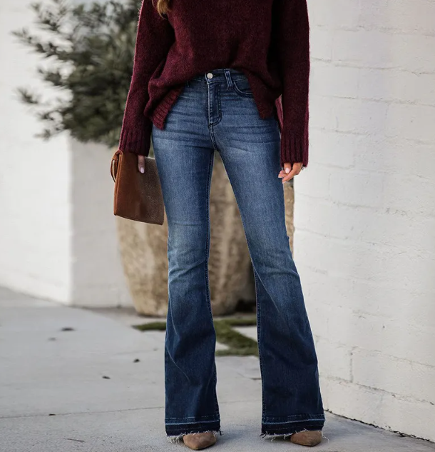 Dark Washed Flare Jeans with Shag Bottoms