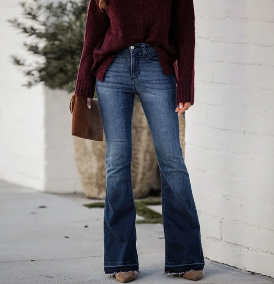 Dark Washed Flare Jeans with Shag Bottoms