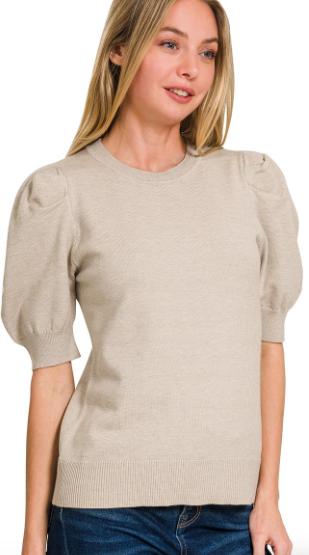 Light Mocha Puff Short Sleeve Sweater Top
