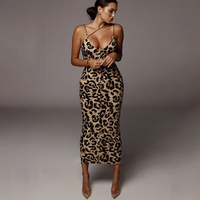 Asymmetrical Leopard Print Long Bodycon Dress