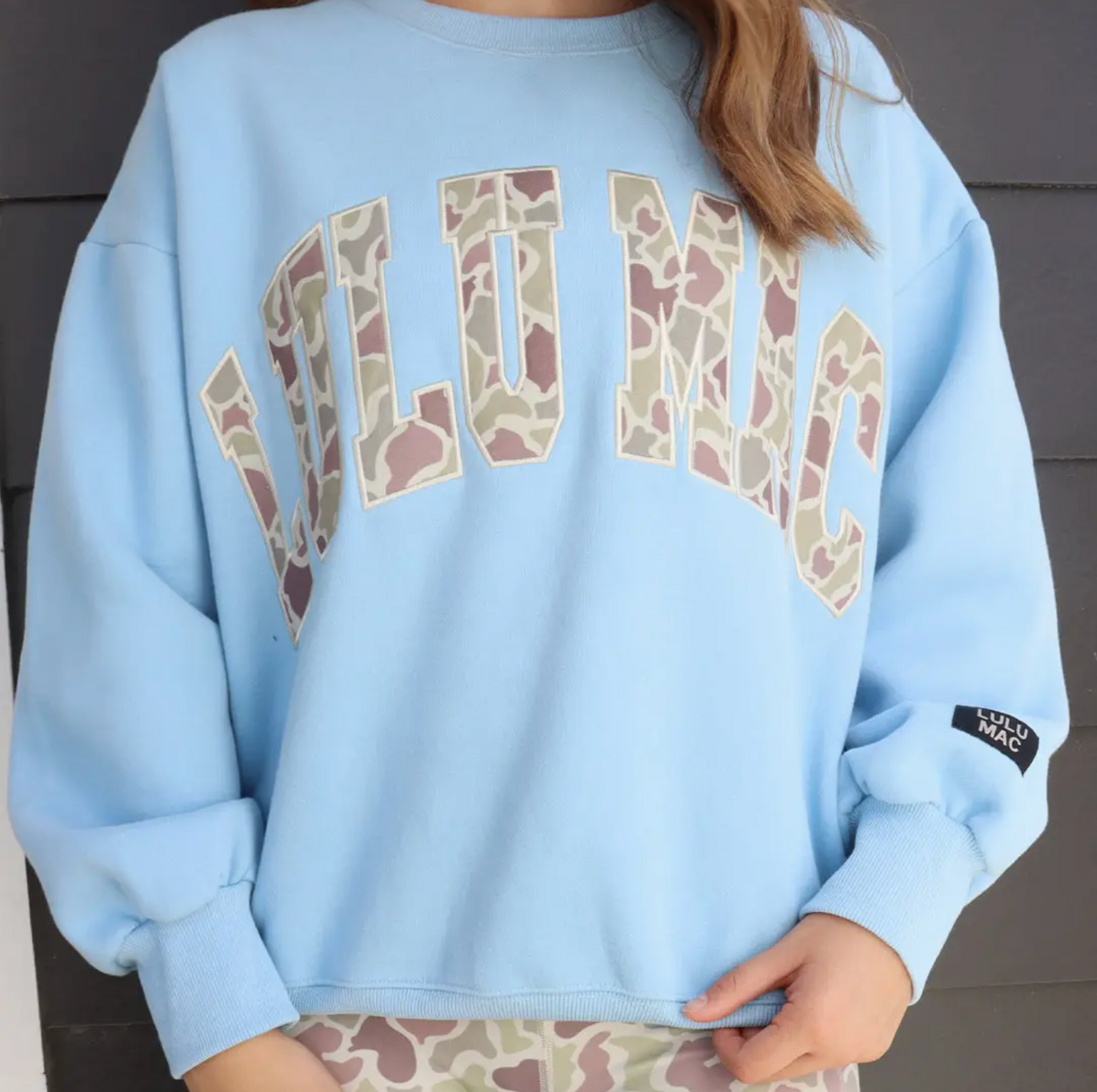 Light Blue Lulu Mac Sweatshirt with Camo Print Lettering