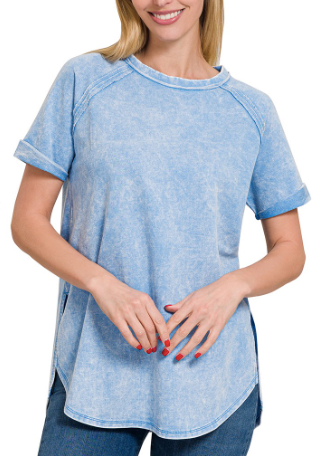SKY BLUE ZENANA FRENCH TERRY ACID WASH RAW CUFFED TOP