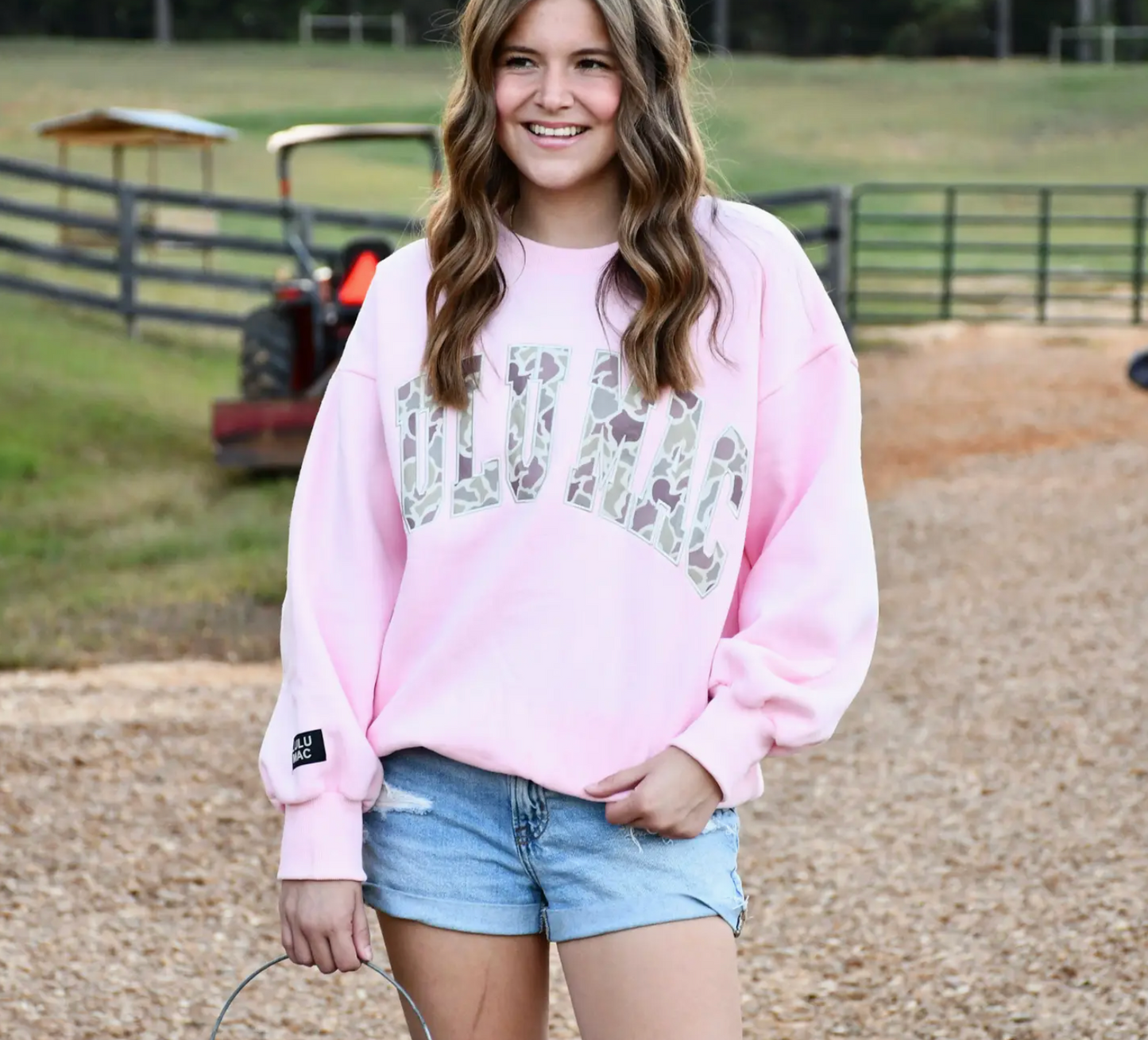 Light Pink Lulu Mac Sweatshirt with Camo Print Lettering