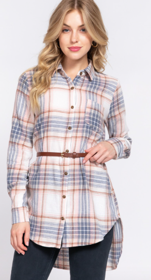 Ivory and Blue Long Sleeve Flannel Notched Collar Plaid Tunic Shirt with Belt