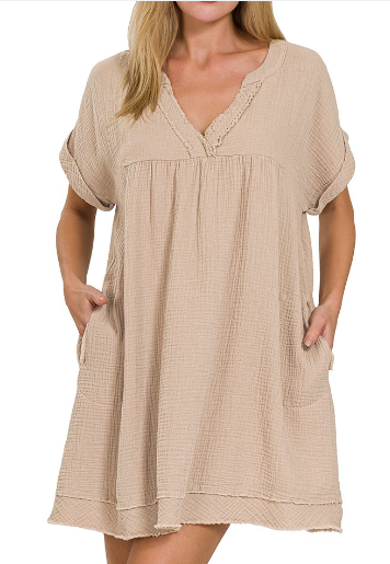 Lt Mocha Double Gauze Raw Edge V-neck Maggie Dress