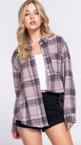 Pink and Black Long Sleeve Button Down Flannel Plaid Shirt