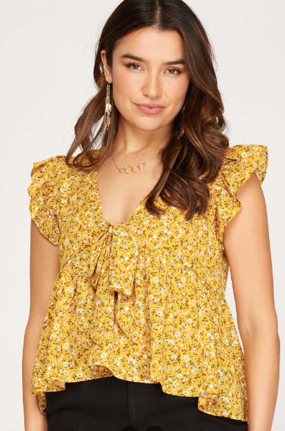 Floral Yellow Flutter Sleeve Bow Peplum Top