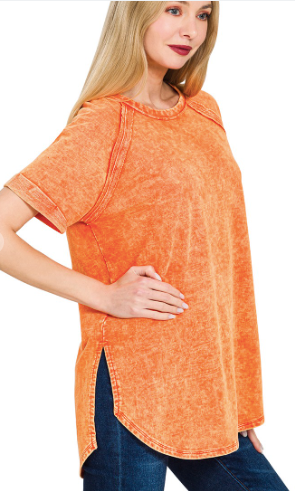 ORANGE ZENANA FRENCH TERRY ACID WASH RAW CUFFED TOP
