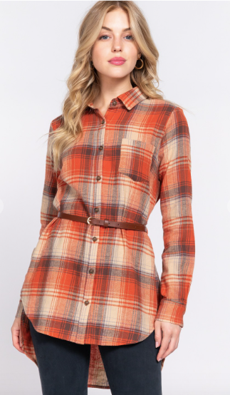 Orange and Brown Flannel Long Sleeve Notched Collar Plaid Tunic Shirt with Belt