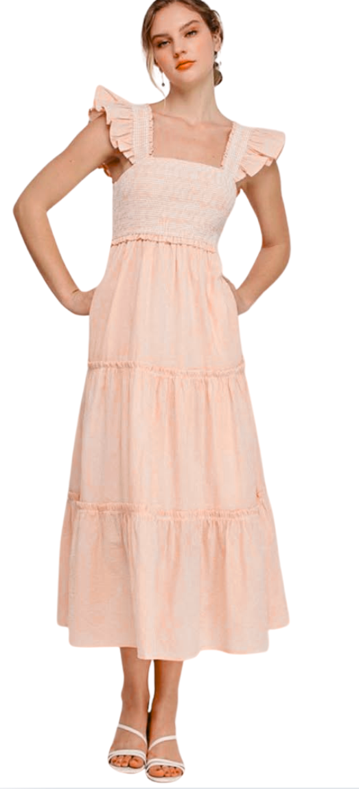Sweet Peach Smocked Ruffle Strap Tiered Midi Dress