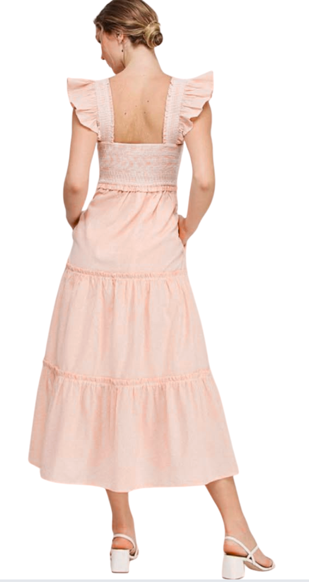 Sweet Peach Smocked Ruffle Strap Tiered Midi Dress