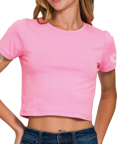 Zenana Cotton Short Sleeve Candy Pink Cropped Top